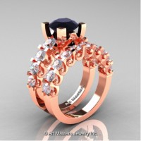 Modern Vintage 14K Rose Gold 3.0 Carat Black Diamond White Sapphire Designer Wedding Ring Bridal Set R142S-14KRGWSBD