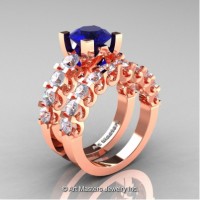 Modern Vintage 14K Rose Gold 3.0 Carat Blue and White Sapphire Designer Wedding Ring Bridal Set R142S-14KRGWSBS