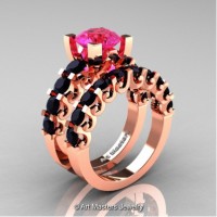 Modern Vintage 14K Rose Gold 3.0 Carat Pink Sapphire Black Diamond Designer Wedding Ring Bridal Set R142S-14KRGBDPS