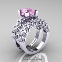 Modern Vintage 14K White Gold 3.0 Carat Light Pink and White Sapphire Wedding Ring Bridal Set R142S-14KWGWSLPS