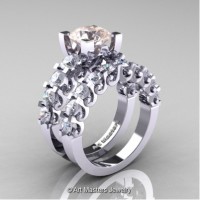 Modern Vintage 14K White Gold 3.0 Carat Morganite White Sapphire Wedding Ring Bridal Set R142S-14KWGWSMO