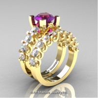 Modern Vintage 14K Yellow Gold 3.0 Carat Amethyst White Sapphire Designer Wedding Ring Bridal Set R142S-14KYGWSAM