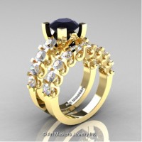 Modern Vintage 14K Yellow Gold 3.0 Carat Black Diamond White Sapphire Designer Wedding Ring Bridal Set R142S-14KYGWSBD