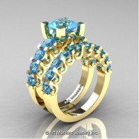 Modern Vintage 14K Yellow Gold 3.0 Carat Blue Topaz Wedding Ring Bridal Set R142S-14KYGBT