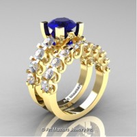 Modern Vintage 14K Yellow Gold 3.0 Carat Blue and White Sapphire Designer Wedding Ring Bridal Set R142S-14KYGWSBS