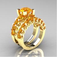 Modern Vintage 14K Yellow Gold 3.0 Carat Citrine Designer Wedding Ring Bridal Set R142S-14KYGCI