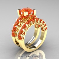 Modern Vintage 14K Yellow Gold 3.0 Carat Orange Sapphire Wedding Ring Bridal Set R142S-14KYGOS