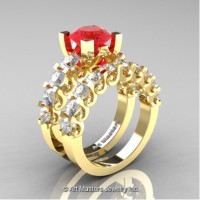 Modern Vintage 14K Yellow Gold 3.0 Carat Ruby White Sapphire Designer Wedding Ring Bridal Set R142S-14KYGWSR
