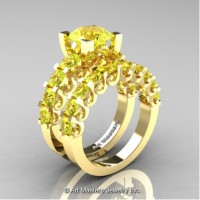 Modern Vintage 14K Yellow Gold 3.0 Carat Yellow Topaz Wedding Ring Bridal Set R142S-14KYGYT