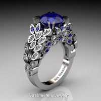 Art Masters Nature Inspired 14K White Gold 3.0 Ct Blue Sapphire Diamond Engagement Ring R299-14KWGDBS