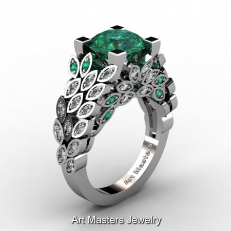 Art-Masters-Nature-Inspired-14K-White-Gold-3-Ct-Emerald-Diamond-Engagement-Ring-Wedding-Ring-R299-14KWGDEM-P-700×700