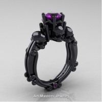 Art Masters Three Skull 14K Black Gold 1.0 Ct Amethyst Engagement Ring R513-14KBGAM