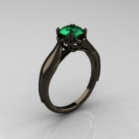Art Nouveau 14K Black Gold 1.0 Carat Emerald Engagement Ring R207-BGEM