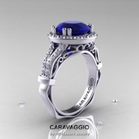 Caravaggio Italian 14K White Gold 3.0 Ct Blue Sapphire Diamond Engagement Ring Wedding Ring R620-14KWGDBS
