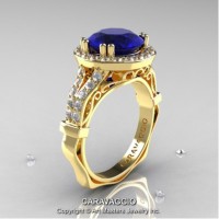 Caravaggio Italian 14K Yellow Gold 3.0 Ct Blue Sapphire Diamond Engagement Ring Wedding Ring R620-14KYGDBS