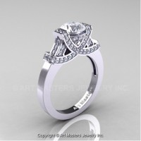 Classic Armenian 14K White Gold 1.0 Ct White Sapphire Diamond Engagement Ring R283-14KWGDWS
