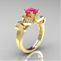 Classic 14K Yellow Gold 1.0 Ct Pink Sapphire and White Diamond Solitaire Engagement Ring R323-14KYGDPS