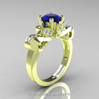 Classic 18K Green Gold 1.0 Ct Blue Sapphire Diamond Solitaire Engagement Ring R323-18KGRGDBS