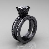 Classic Armenian 14K Black Gold 1.0 Ct Russian Ice CZ Diamond Engagement Ring Wedding Band Bridal Set AR140S-14KBGDRICZ