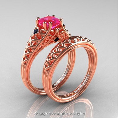 Classic-French-Rose-Gold-Princess-Pink-Sapphire-Black-Diamond-Lace-Engagement-Ring-Wedding-Band-Bridal-Set-R175PS-RGBDPS-P-402×402