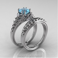 French 14K White Gold 1.0 Ct Princess Aquamarine Diamond Lace Engagement Ring Wedding Band Bridal Set R175PS-14KWGDAQ