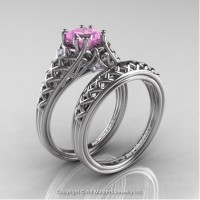 French 14K White Gold 1.0 Ct Princess Light Pink Sapphire Diamond Lace Engagement Ring Wedding Band Bridal Set R175PS-14KWGDLPS
