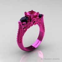Classic 14K Pink Gold Three Stone Pink Sapphire Black Diamond Solitaire Engagement Ring Wedding Ring R200-14KPGBDPS