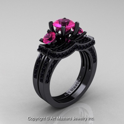Exclusive-French-14K-Black-Gold-Three-Stone-Pink-Sapphire-Black-Diamond-Engagement-Ring-Wedding-Band-Bridal-Set-R182S-14KBGBDPS-P-402×402