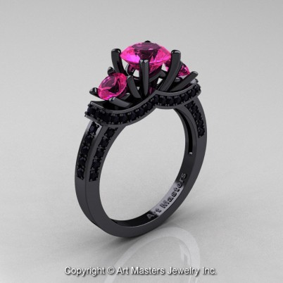Exclusive-French-14K-Black-Gold-Three-Stone-Pink-Sapphire-Black-Diamond-Engagement-Ring-Wedding-Ring-R182-14KBGBDPS-P-402×402