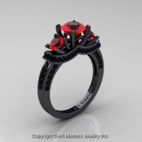 Gorgeous 14K Black Gold Three Stone Ruby Black Diamond Engagement Ring Wedding Ring R182-14KBGBDR
