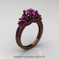 Exclusive French 14K Chocolate Brown Gold Three Stone Amethyst Engagement Ring R182-14KBRGAM