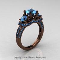 Exclusive French 14K Chocolate Brown Gold Three Stone Blue Topaz Engagement Ring R182-14KBRGBT
