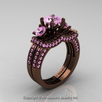 Exclusive French 14K Chocolate Brown Gold Three Stone Light Pink Sapphire Engagement Ring Wedding Band Set R182S-14KBRGLPS