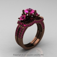 Exclusive French 14K Chocolate Brown Gold Three Stone Pink Sapphire Engagement Ring Wedding Band Set R182S-14KBRGPS