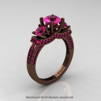 Exclusive French 14K Chocolate Brown Gold Three Stone Pink Sapphire Engagement Ring R182-14KBRGPS