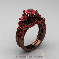 Exclusive French 14K Chocolate Brown Gold Three Stone Rubies Engagement Ring Wedding Band Set R182S-14KBRGR