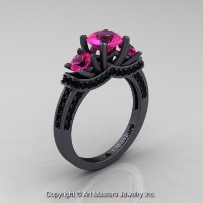 Exclusive-French-14K-Matte-Black-Gold-Three-Stone-Pink-Sapphire-Black-Diamond-Engagement-Ring-Wedding-Ring-R182-14KMBGBDPS-P-402×402