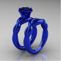 Faegheh Modern Classic 14K Blue Gold 1.0 Ct Black Diamond Engagement Ring Wedding Band Set R290S-14KBLGBD