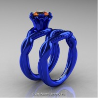 Faegheh Modern Classic 14K Blue Gold 1.0 Ct Orange Sapphire Engagement Ring Wedding Band Set R290S-14KBLGOS