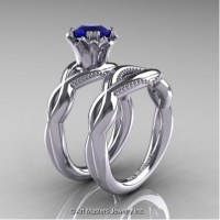 Faegheh Modern Classic 14K White Gold 1.0 Ct Blue Sapphire Engagement Ring Wedding Band Set R290S-14KWGBS
