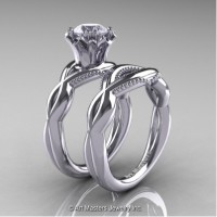 Faegheh Modern Classic 14K White Gold 1.0 Ct White Sapphire Engagement Ring Wedding Band Set R290S-14KWGWS