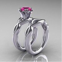 Faegheh Modern Classic 14K White Gold 1.0 Ct Pink Sapphire Engagement Ring Wedding Band Set R290S-14KWGPS
