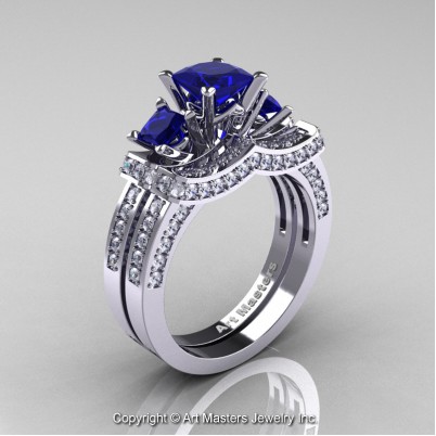 French-14K-White-Gold-Three-Stone-Blue-Sapphire-Diamond-Wedding-Ring-Engagement-Ring-Bridal-Set-R183S-14KWGDBS-P-402×402