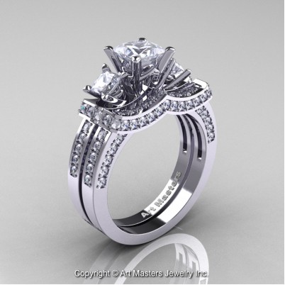 French-14K-White-Gold-Three-Stone-White-Sapphire-Diamond-Wedding-Ring-Engagement-Ring-Bridal-Set-R183S-14KWGDWS-P-402×402