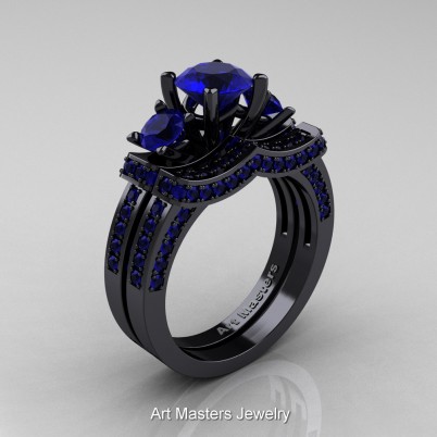 French-Black-Gold-Three-Stone-Blue-Sapphire-Wedding-Ring-Engagement-Ring-Bridal-Set-R182S-14KBGBS-P-402×402