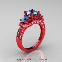 French 14K Red Gold Three Stone Blue Topaz Diamond Engagement Ring R182-14KRGDBT
