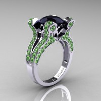 French Vintage 14K White Gold 3.0 CT Black Diamond Green Topaz Pisces Wedding Ring Engagement Ring Y228-14KWGGTBD