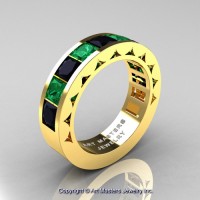 Mens Modern 14K Yellow Gold Princess Black Diamond Emerald Channel Set Wedding Ring R274M-14KYGEMBD