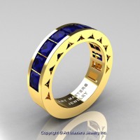 Mens Modern 14K Yellow Gold Princess Blue Sapphire Channel Set Wedding Ring R274M-14KYGBS