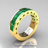 Mens Modern 14K Yellow Gold Princess Emerald Channel Set Wedding Ring R274M-14KYGEM